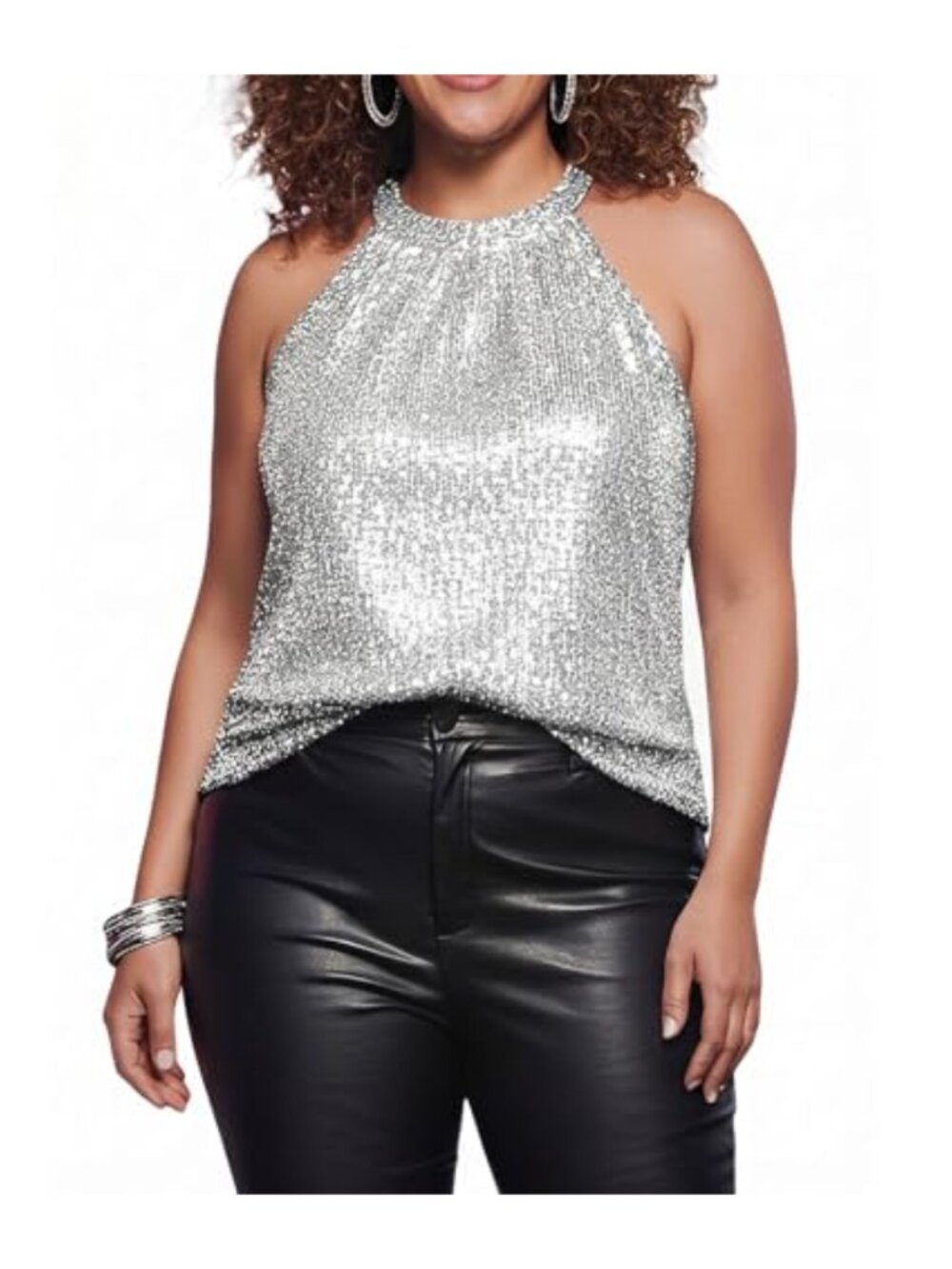Women's Sequin Halter Tank Top Shiny Glitter Club Disco Sleeveless Party Blouse